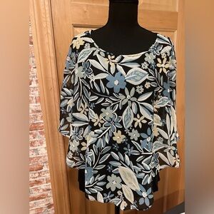 Boho Chic Floral Flowy Blouse Built-in Tank Medium Poncho Style Draped Cape Top